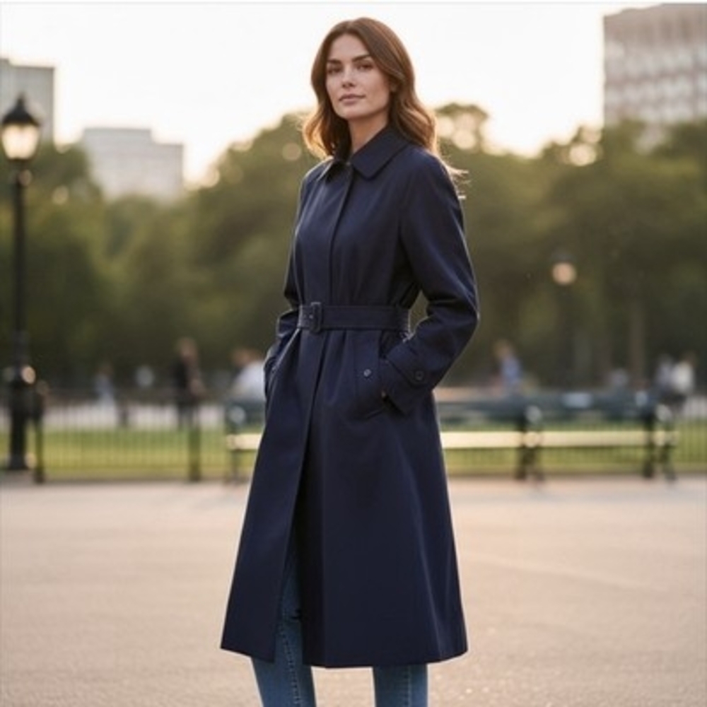Authentic Burberry 100% Wool Navy Blue Midi Trench Coat Women's 10 Waterproof